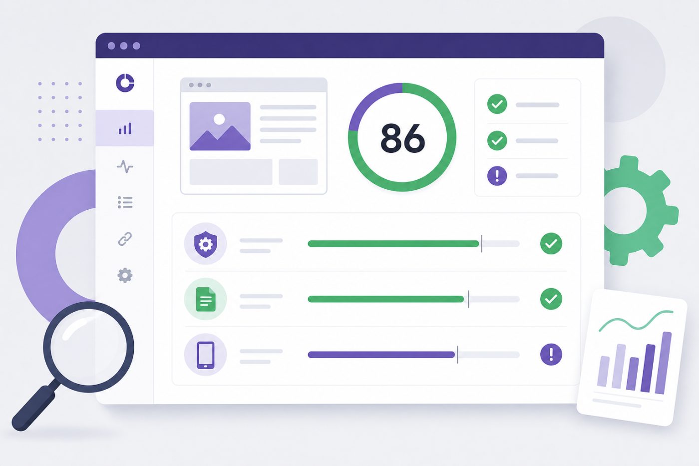 Esempio di dashboard con punteggio e metriche di analisi SEO del sito