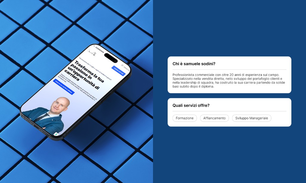 Esempio sito portfolio con landing mobile e sezioni profilo
