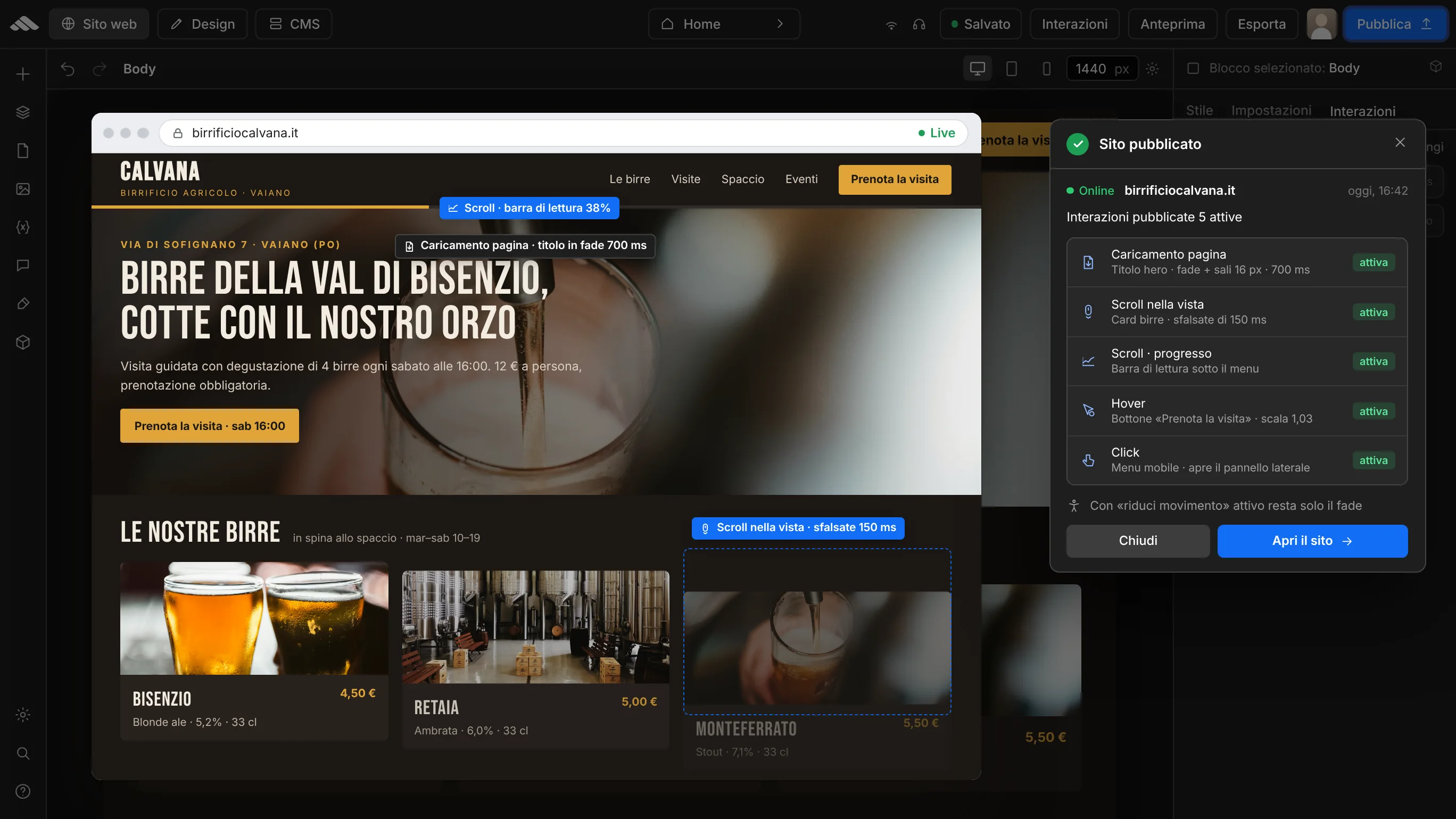 Published site with active interactions