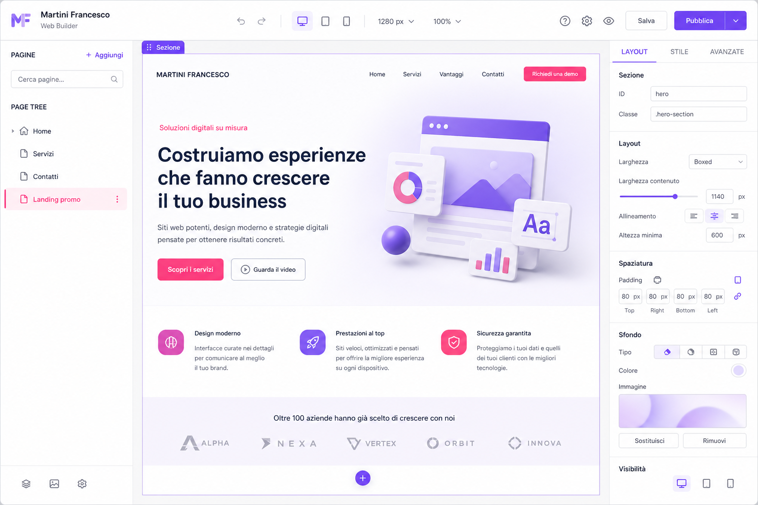Preview builder multi pagina con area canvas e inspector