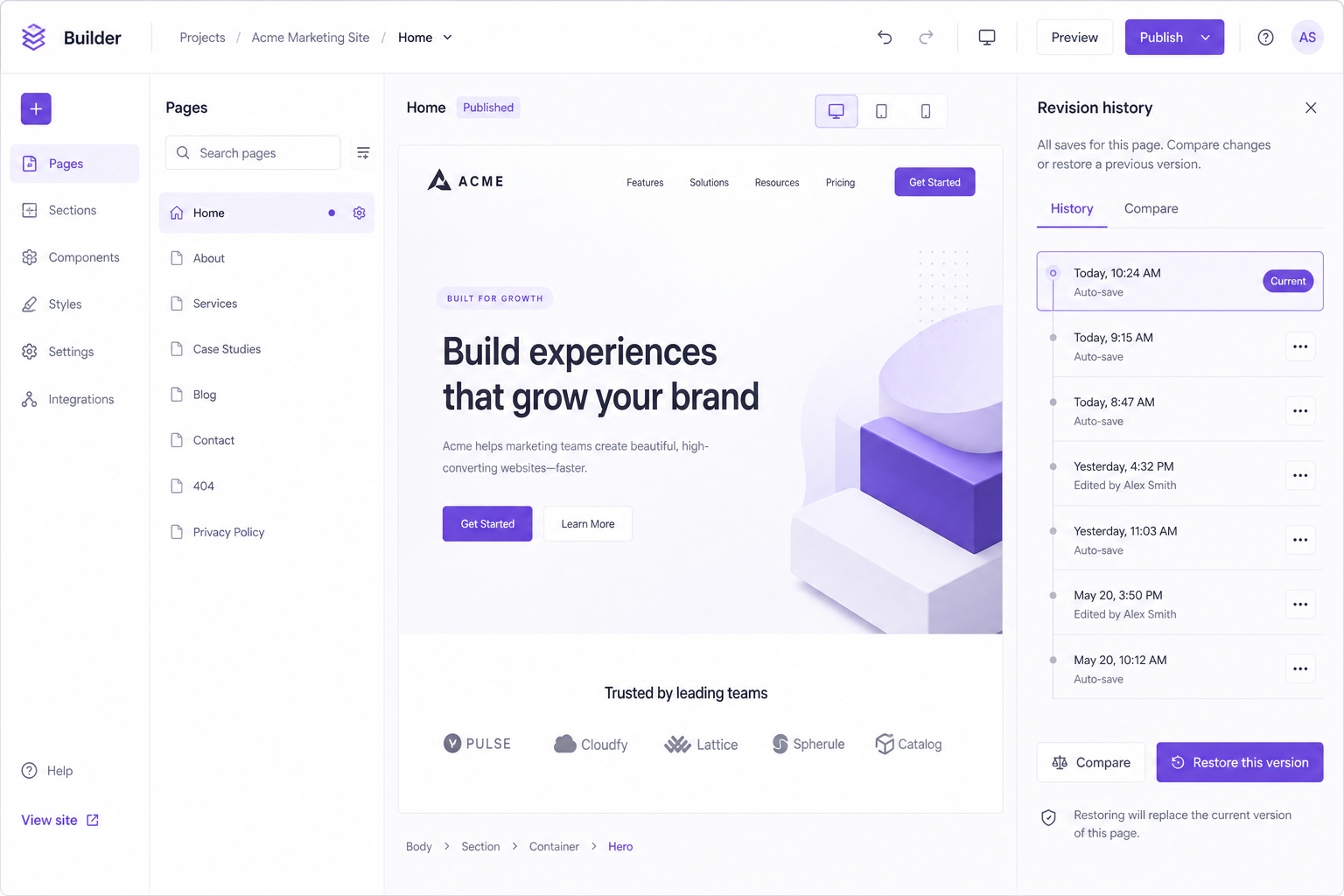 Revisioni e storico modifiche nel builder