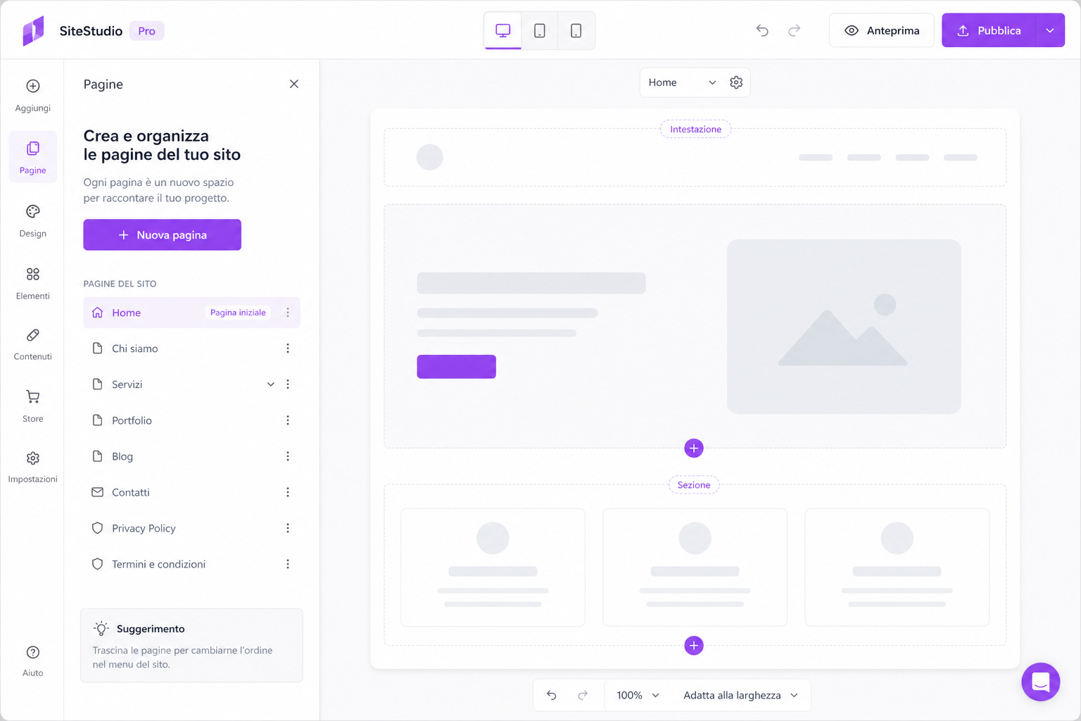 Creazione pagine nel builder multi pagina