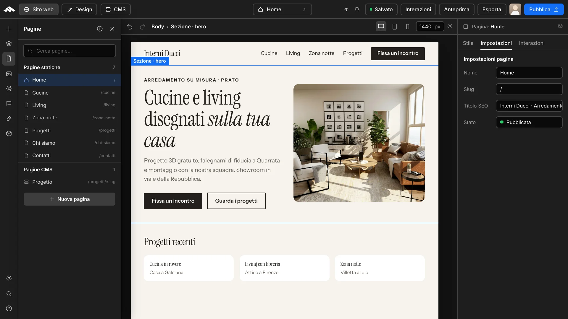 Multi-page builder preview with canvas area and inspector