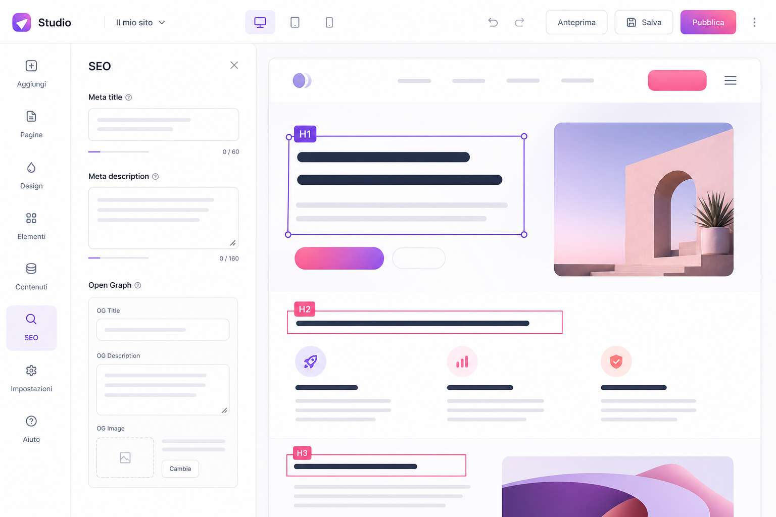Anteprima pannello SEO nel builder Martini Francesco