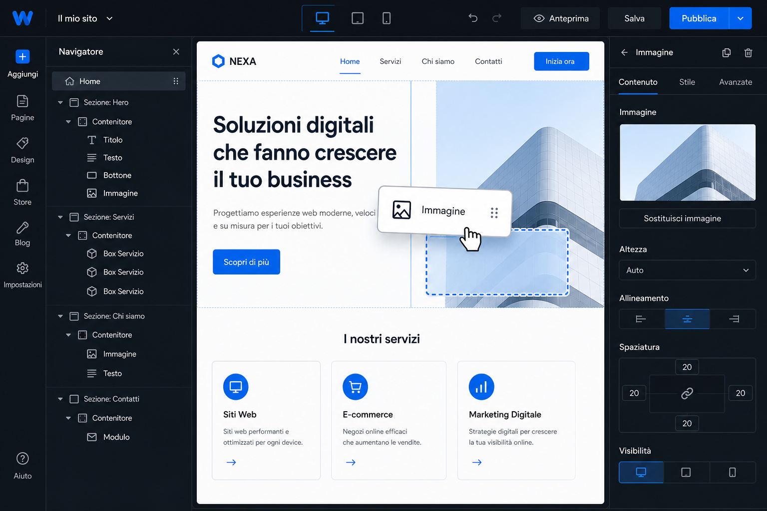 Canvas visuale del builder con blocchi componibili