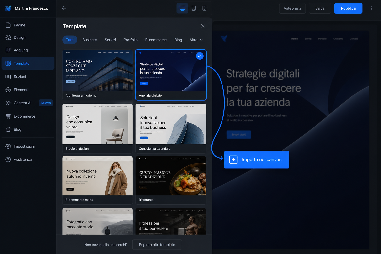 Selezione template professionali nel builder