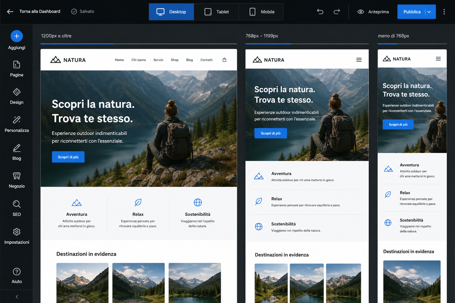 Anteprima responsive del builder su desktop e mobile