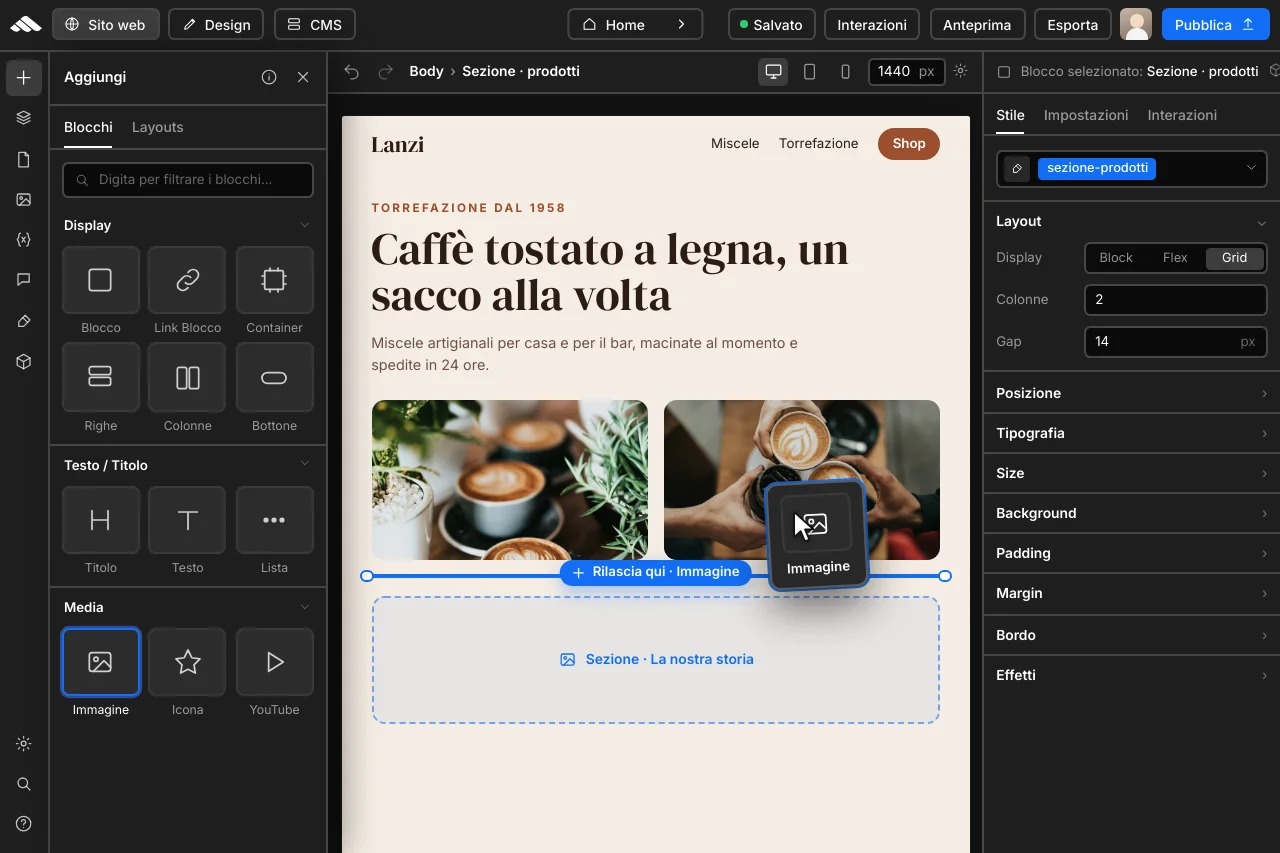 Builder visual canvas with composable blocks