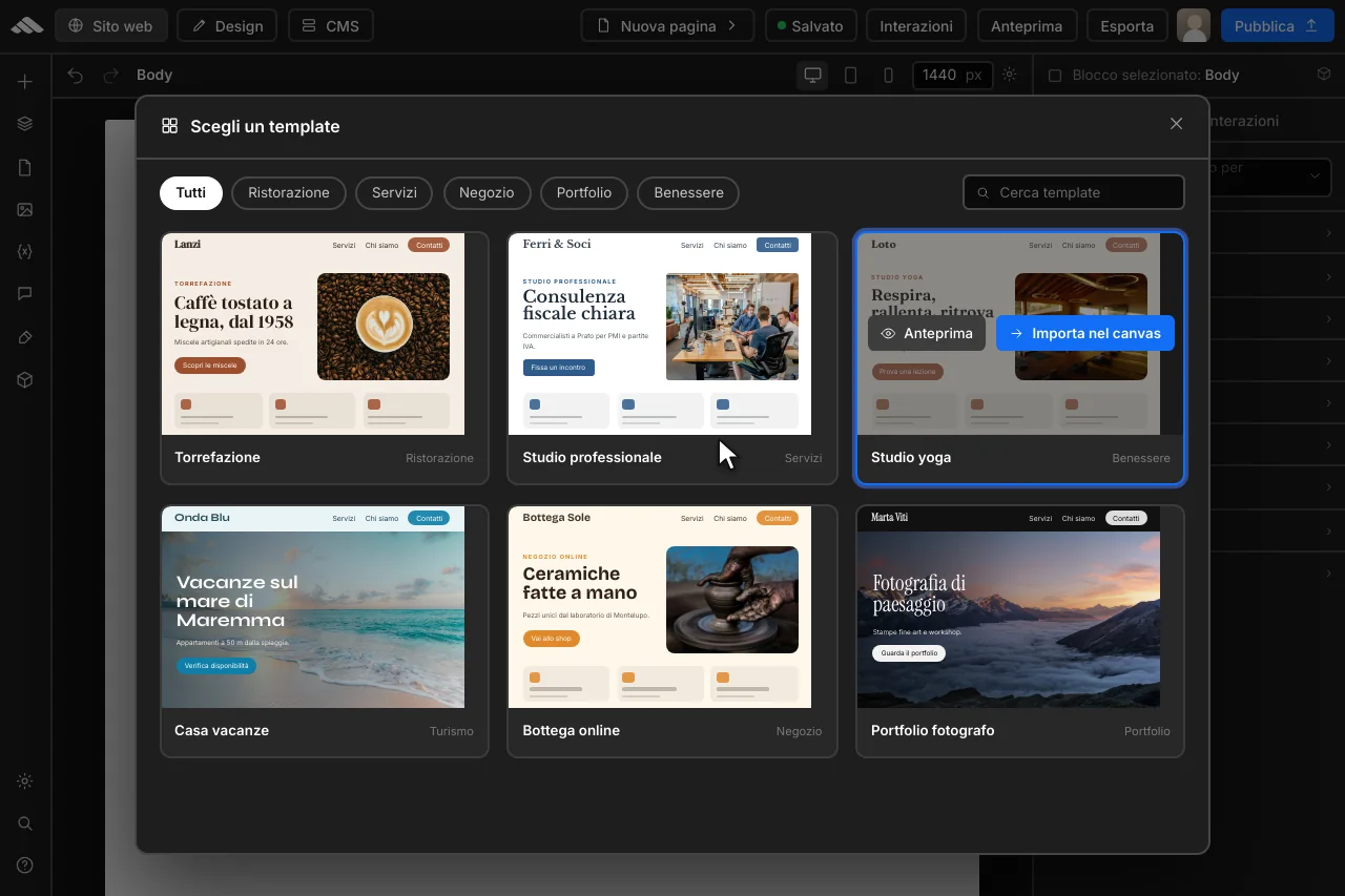 Professional template selection in the builder