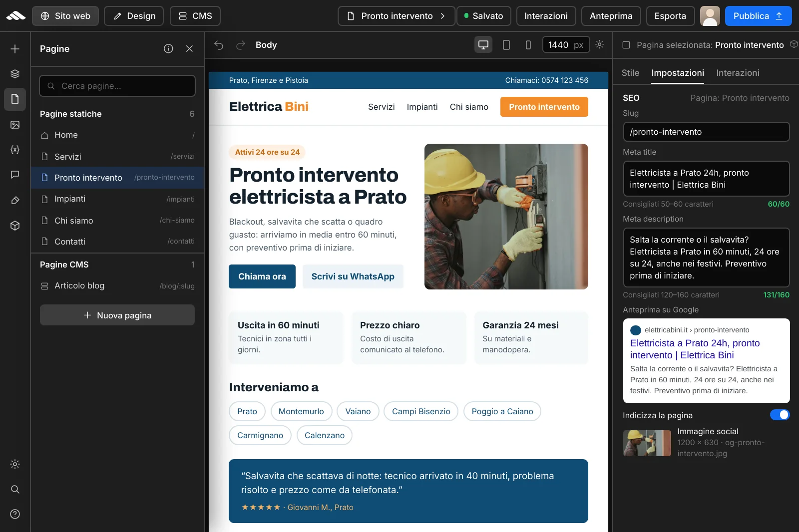 SEO optimization and content structure in the builder