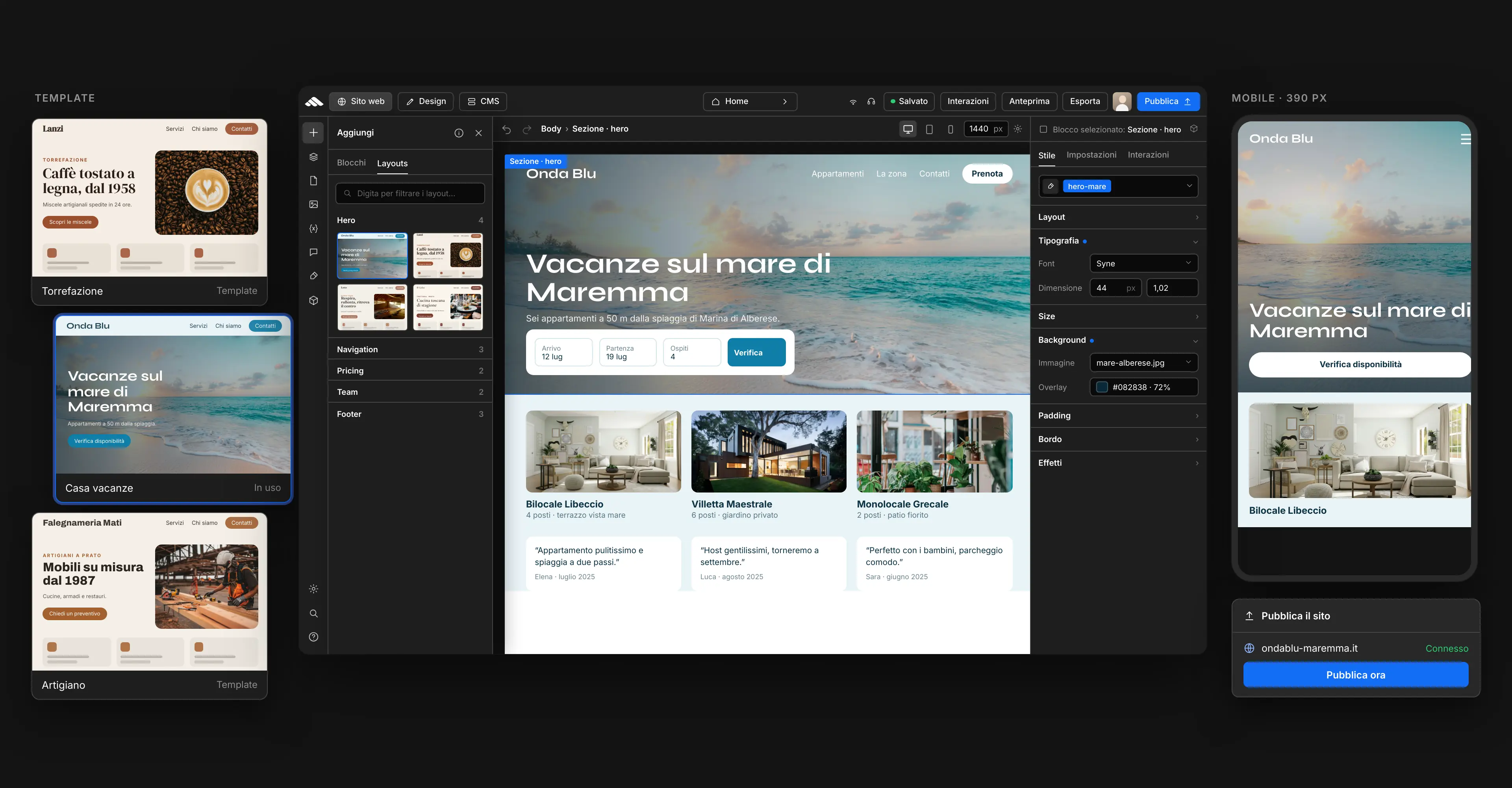 Collage of website projects built with the Martini Francesco builder