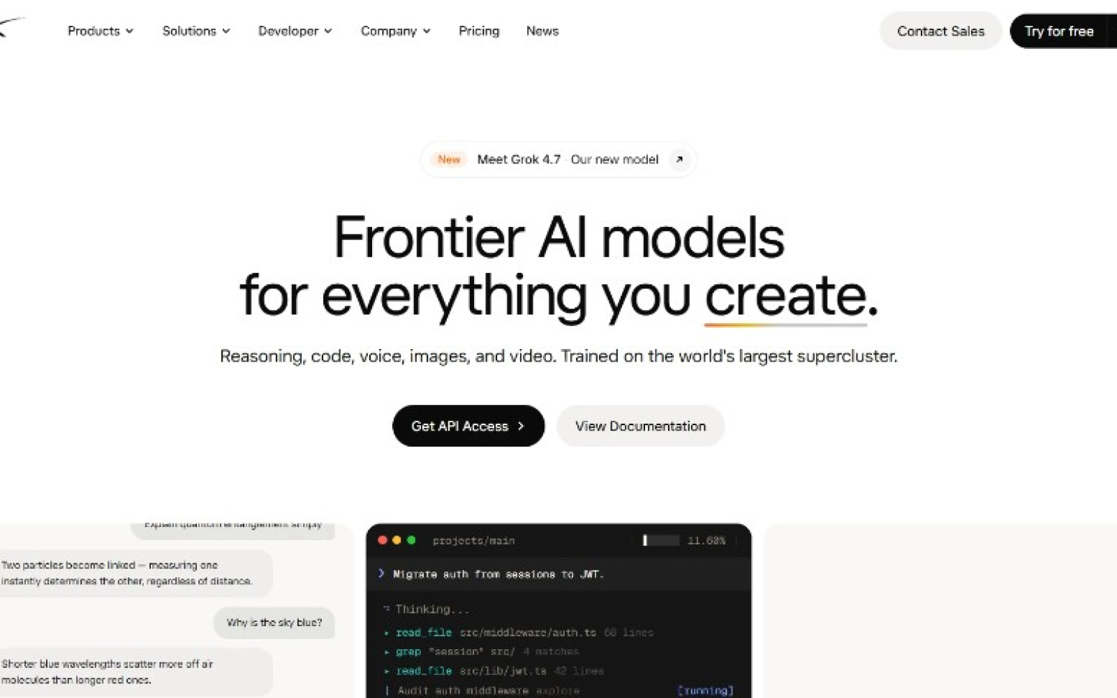 Esempio sito xAI con hero Frontier AI e moduli prodotto