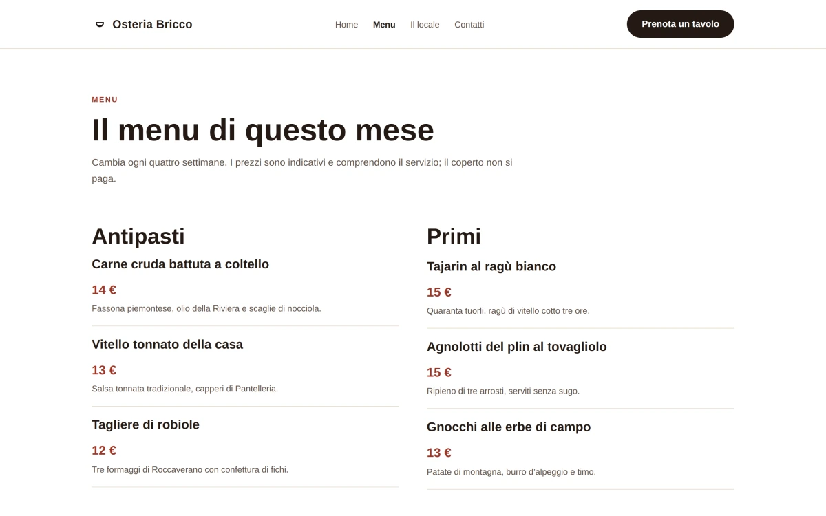 Anteprima Menu — Osteria di Quartiere